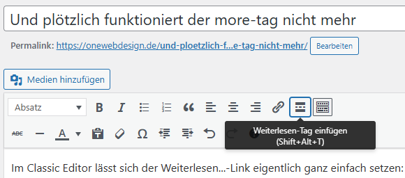 more-tag: Screenshot Weiterlesen Button in WordPress Editor einfügen